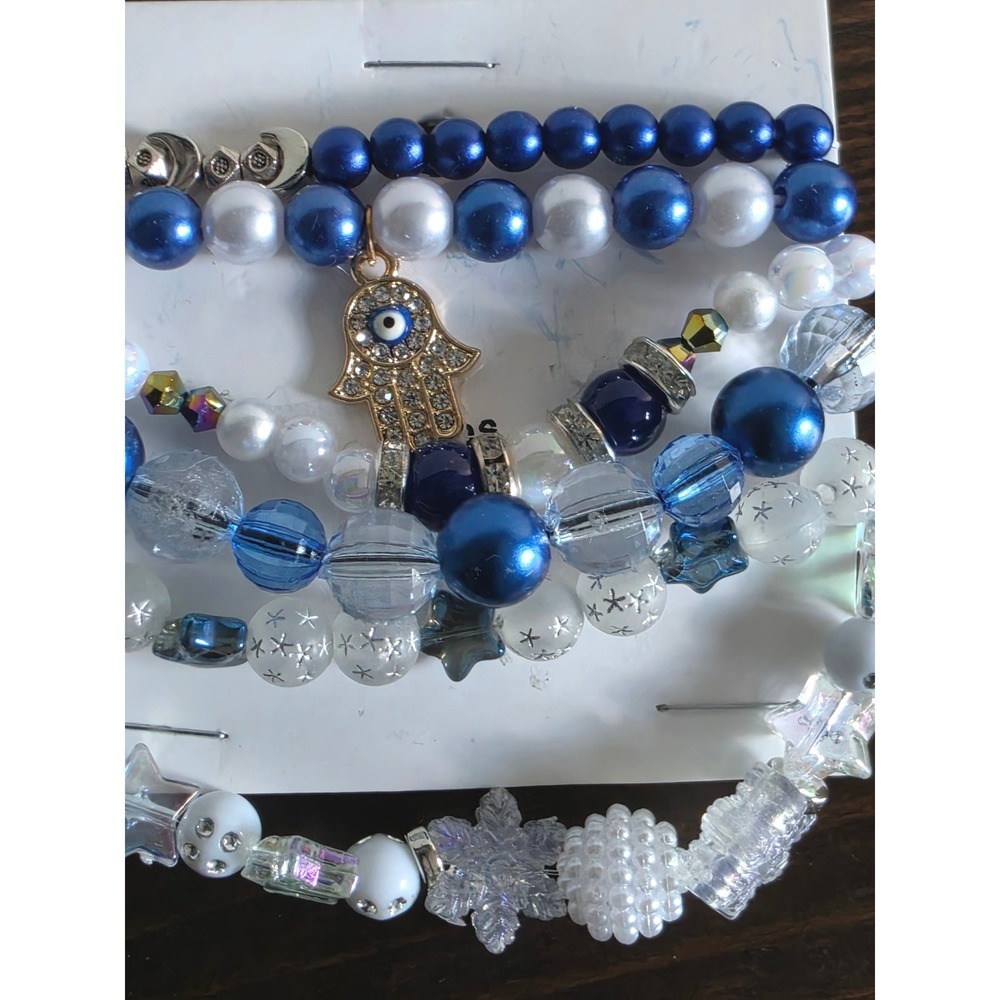 Blue Hamsa Hand Evil Eye Beaded Stretch Bracelet Set 5pc Celestial Snowflake